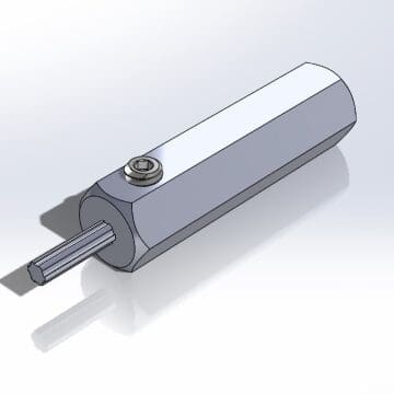 Hexagonal mechanical component with protruding shaft.